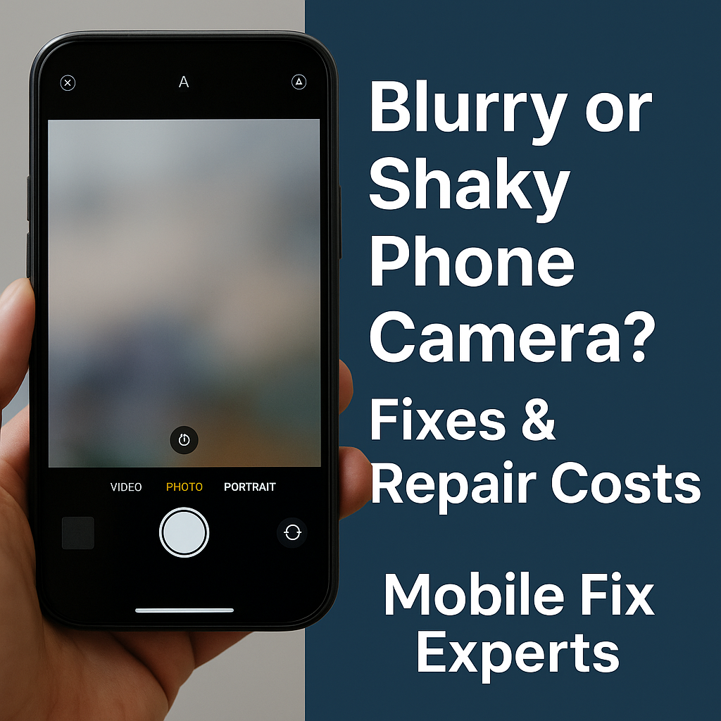 Smartphone camera screen showing a blurry photo with bold text on the side reading “Blurry or Shaky Phone Camera? Fixes & Repair Costs | Mobile Fix Experts.”