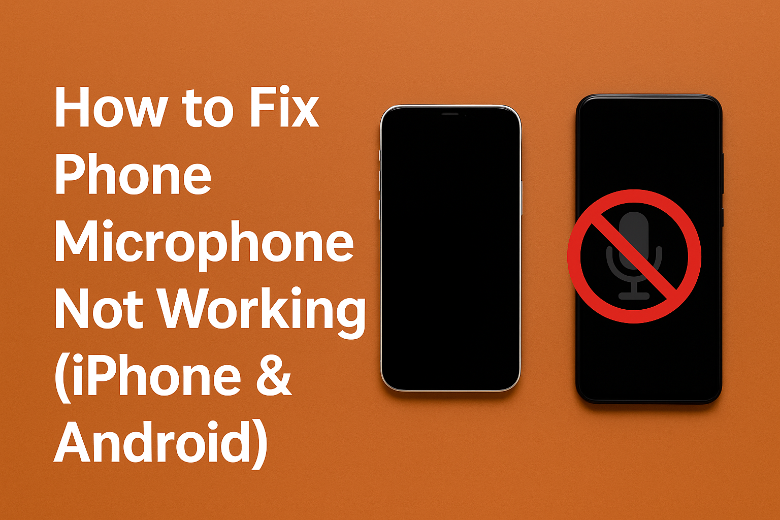 Blog cover image with burnt-orange background featuring two smartphones (iPhone & Android). One phone shows a muted microphone icon with a red slash. Large white text reads “How to Fix Phone Microphone Not Working (iPhone & Android)