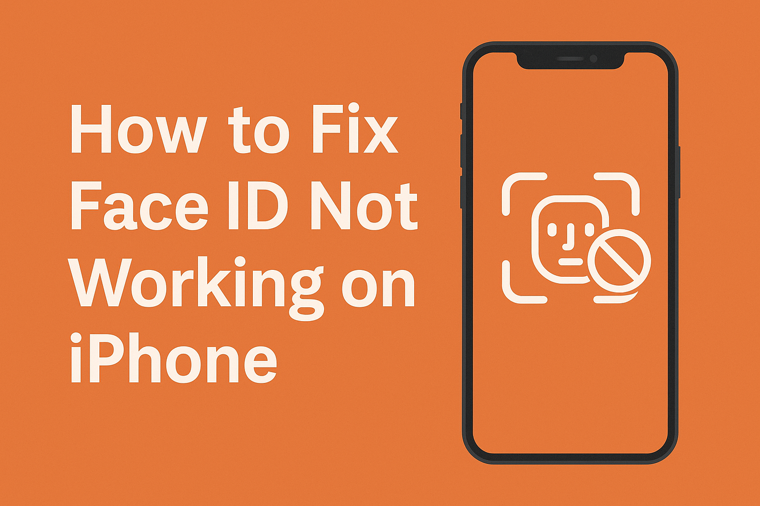 Blog cover image with orange background showing an iPhone illustration displaying a Face ID error icon. Large white text reads “How to Fix Face ID Not Working on iPhone.”
