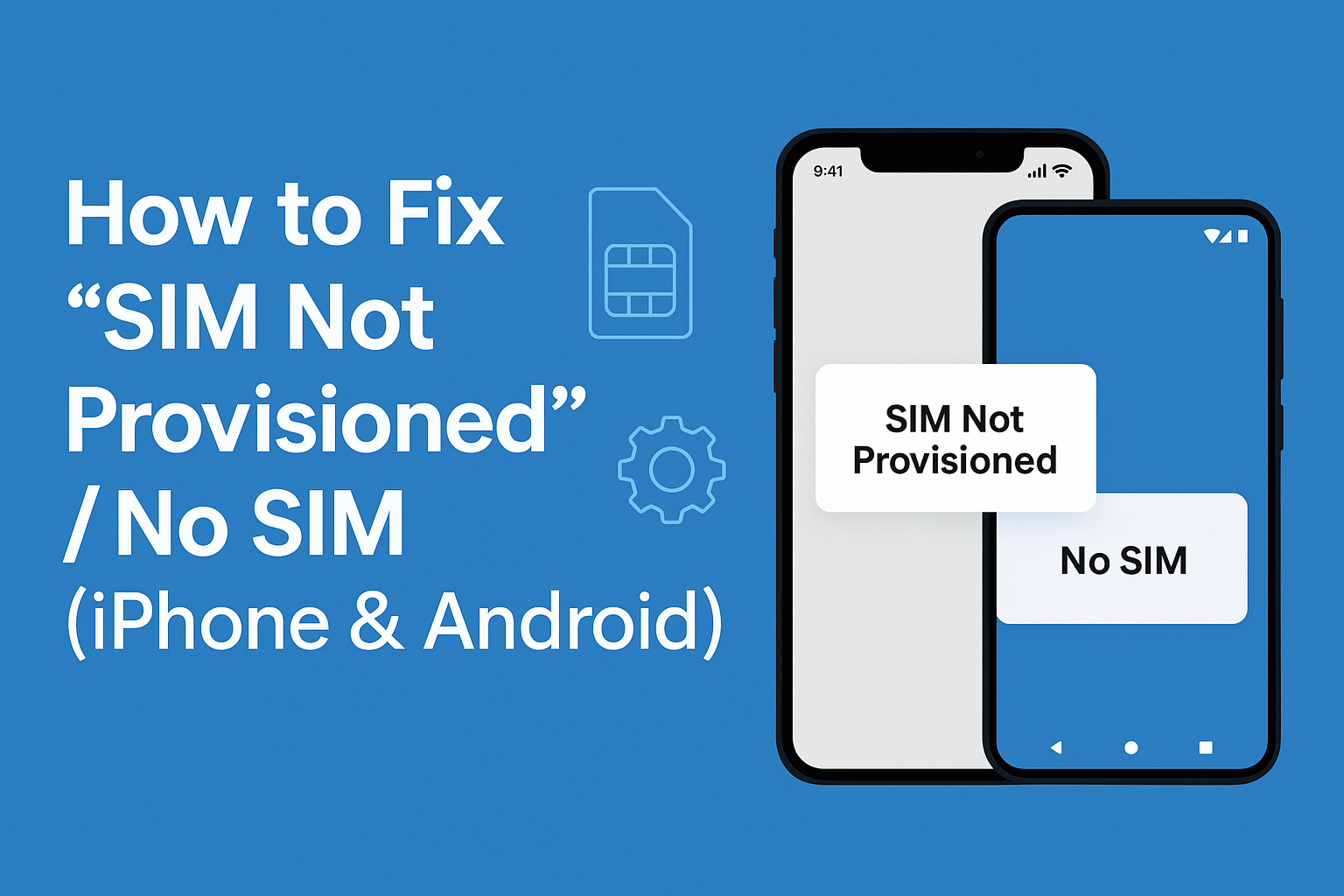 Blog graphic showing the title “How to Fix ‘SIM Not Provisioned’ / No SIM (iPhone & Android)” with iPhone and Android devices displaying SIM error messages, on a blue background with SIM and gear icons.