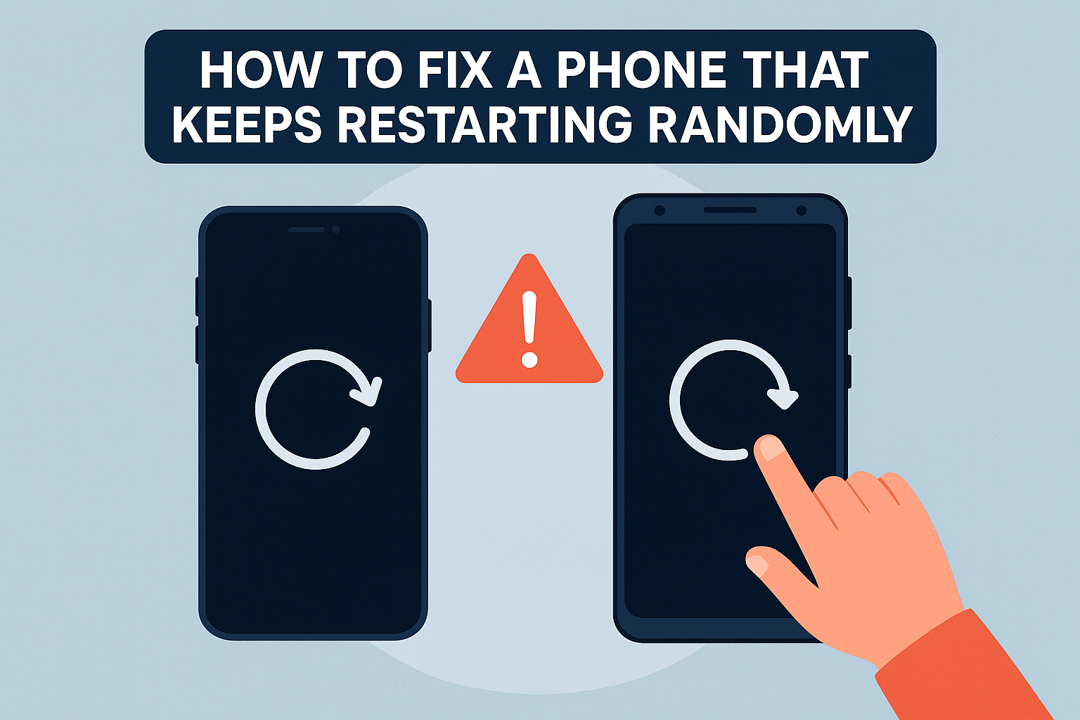 Illustration showing an iPhone and Android phone with restart symbols, a warning triangle between them, and a hand touching the Android screen. Text above reads “How to Fix a Phone That Keeps Restarting Randomly.”