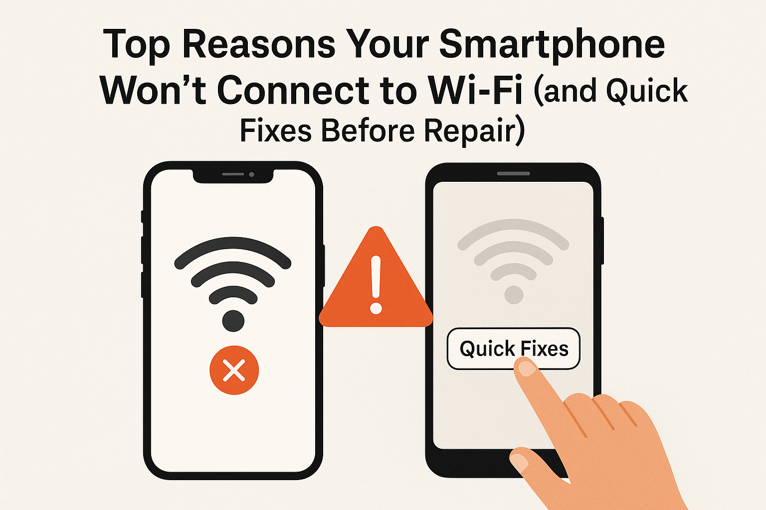 Illustration showing an iPhone with a Wi-Fi error and an Android phone with a “Quick Fixes” button, separated by a warning triangle. Text reads “Top Reasons Your Smartphone Won’t Connect to Wi-Fi (and Quick Fixes Before Repair).”