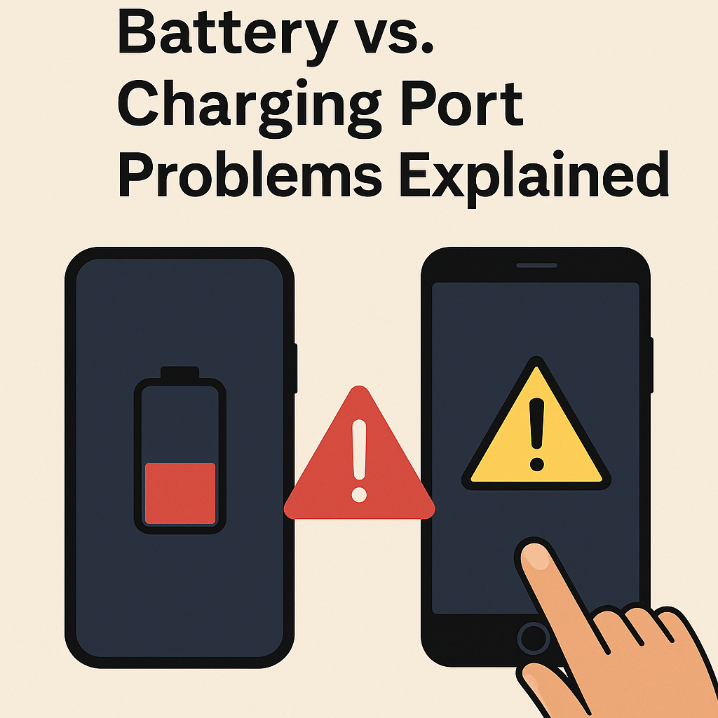 Infographic showing two smartphones side by side: one with a low battery icon and another with a charging port warning symbol, separated by a red alert triangle. Text above reads “Battery vs. Charging Port Problems Explained.”