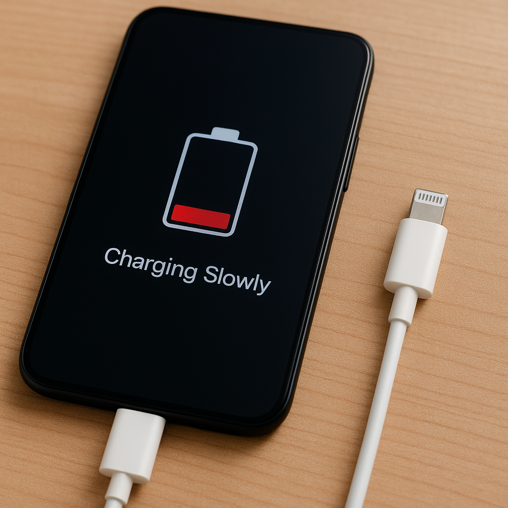 A smartphone charging slowly on a wooden desk, connected to both a USB-C and a Lightning cable, displaying a low battery icon.
