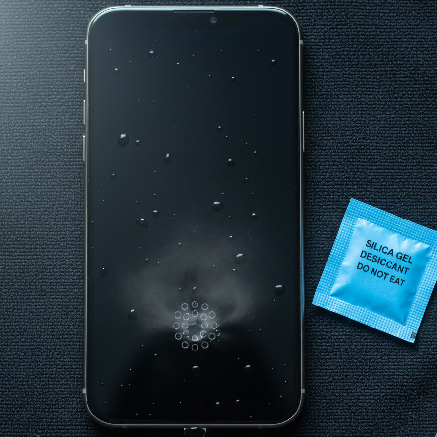 A wet smartphone with visible water droplets on its screen and a small pool of water around the speaker grille at the bottom, indicating the ingress of liquid. Next to the phone is a blue packet of silica gel desiccant, highlighting a safe drying method.