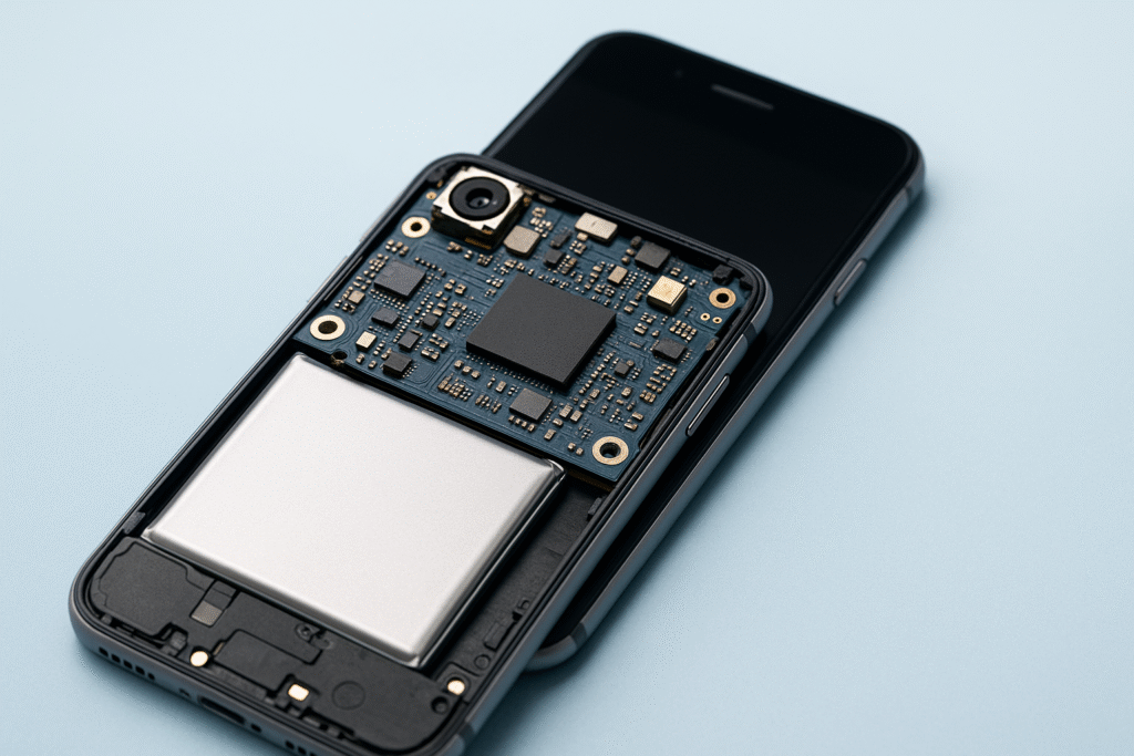 A smartphone with its back cover removed, showing the internal circuit board and Power Management IC chip beside the battery, representing charging and battery system repair.