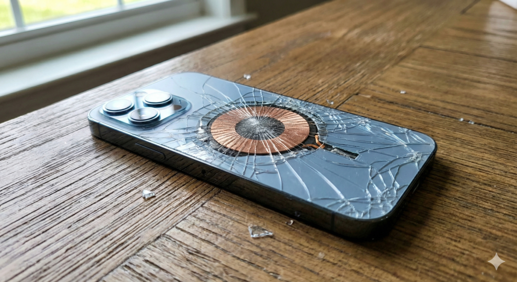 A smartphone lying face down on concrete with severely shattered back glass, exposing the internal copper wireless charging coil through the cracks.